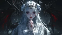 Enchanting Fantasy: White-Haired Anime Girl with Dark Wings