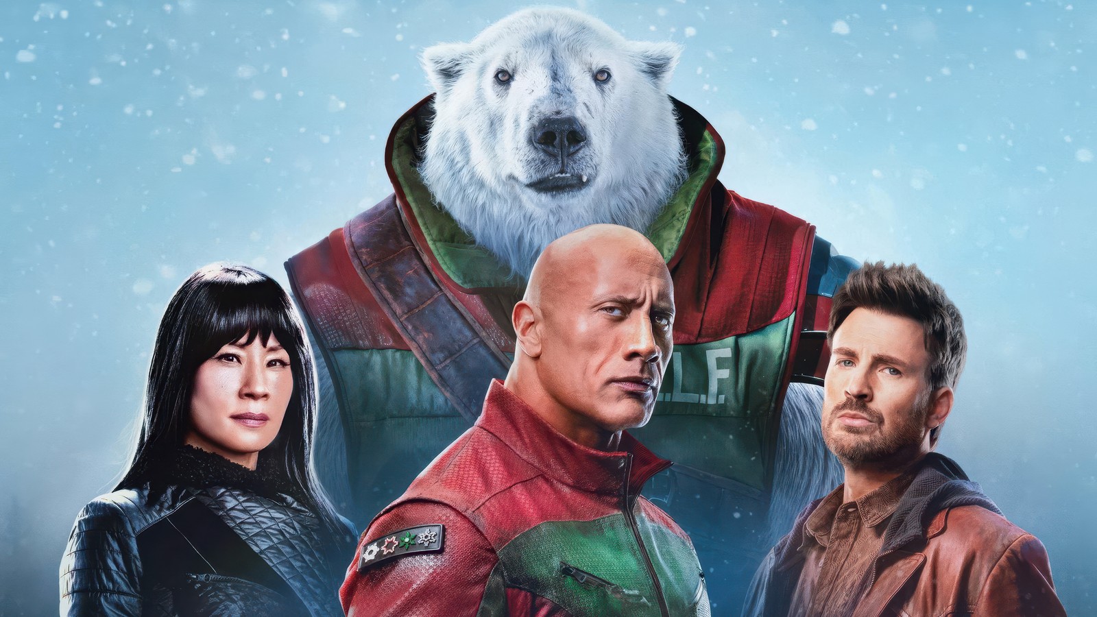 A group of people standing next to a polar bear in a snowy scene (red one 2024, poster, 2024 movies, dwayne johnson, chris evans)