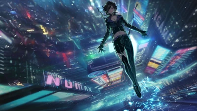 Garota cyberpunk voando acima de uma paisagem urbana neon à noite