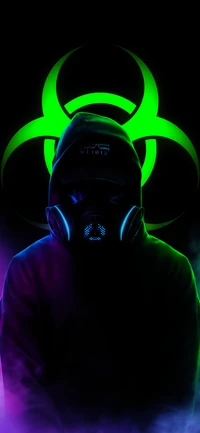 Illuminated Figure in Gas Mask Against Neon Biohazard Background