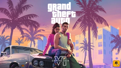 Grand Theft Auto VI Kunstwerk mit Lucia und Jason im Retro-Stil