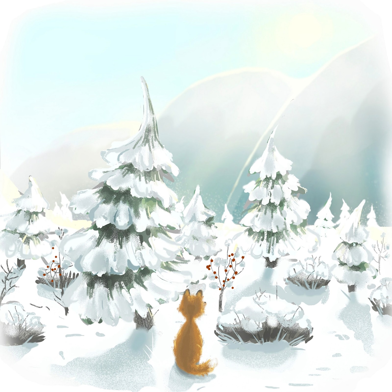 There is a cat sitting in the snow near a tree (christmas tree, christmas day, pine family, fir, winter)