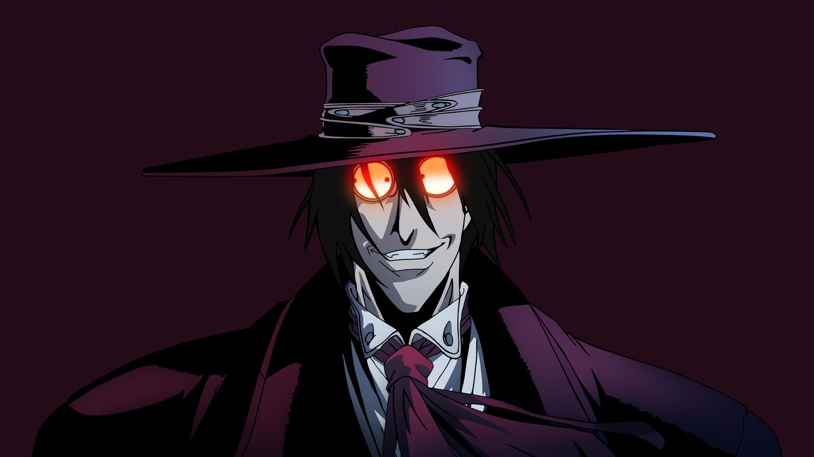 Un hombre con sombrero, ojos rojos y corbata (alucard, hellsing, fondo marrón, 5k, anime)