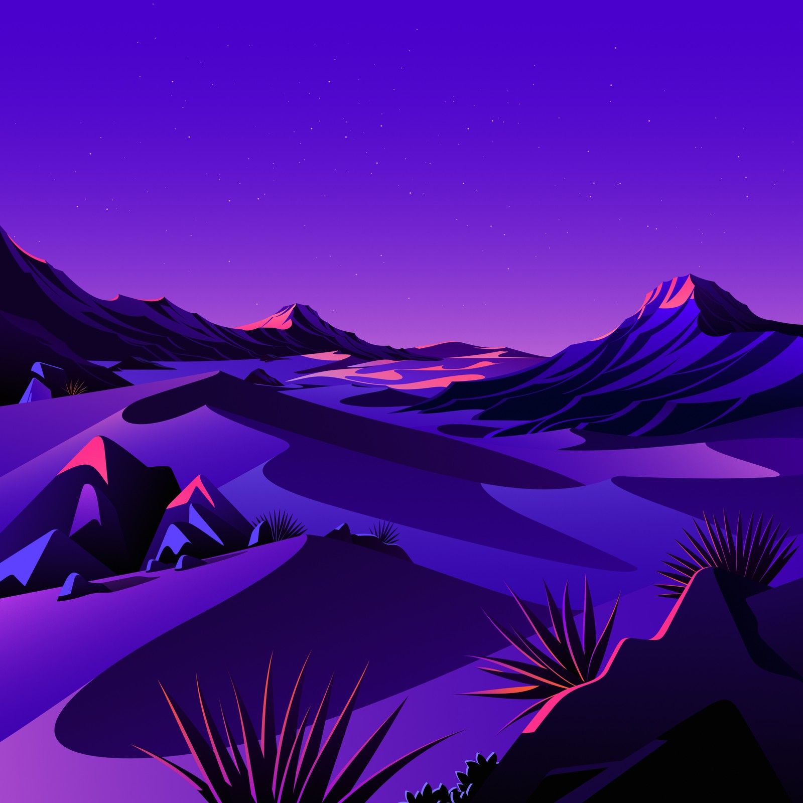 Purple desert landscape with mountains and plants at night (macos big sur, aesthetic, mountains, rocks, twilight)