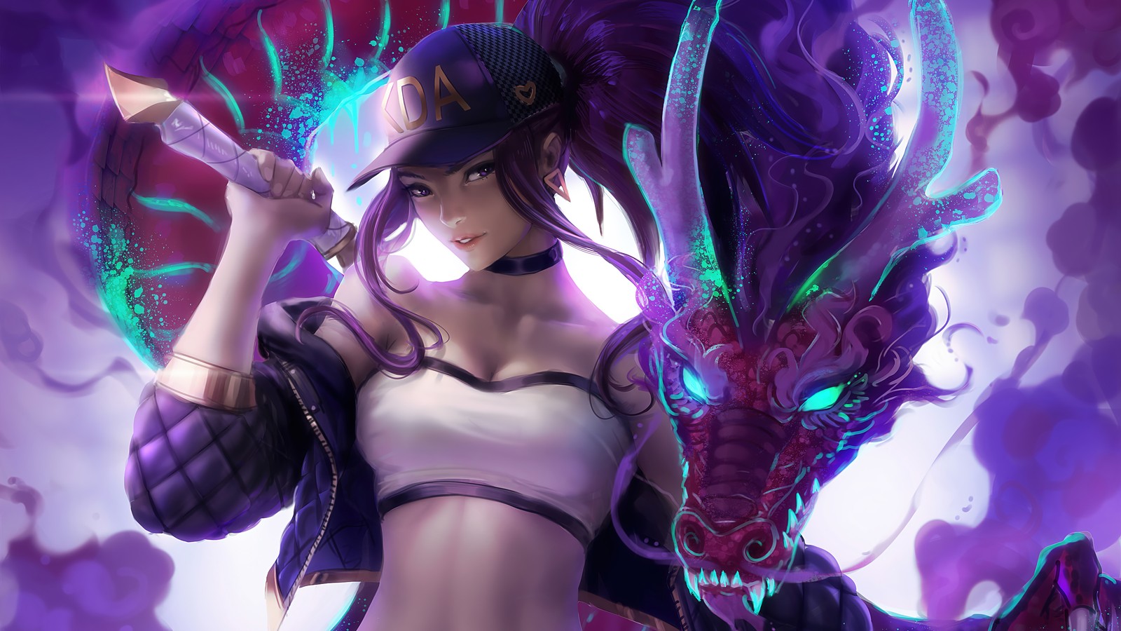 Eine frau in einem weißen top, die ein schwert und einen drachen hält (kda, akali, drache, league of legends, lol)