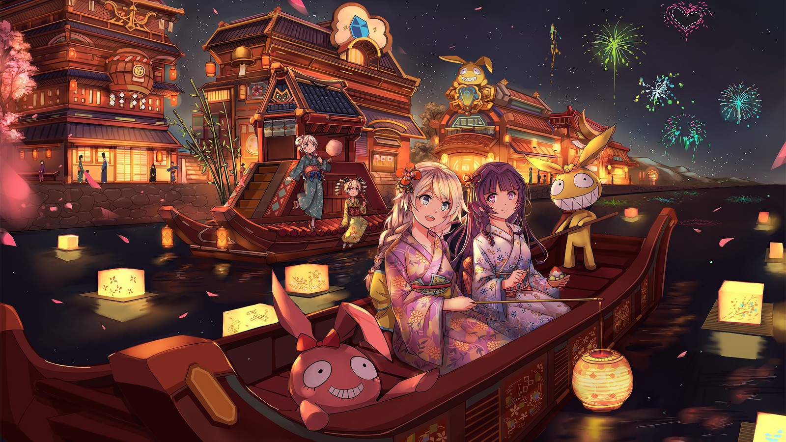 Un couple de filles anime assises dans un bateau avec des lanternes (filles danime, anime, kimono, festival, nuit)