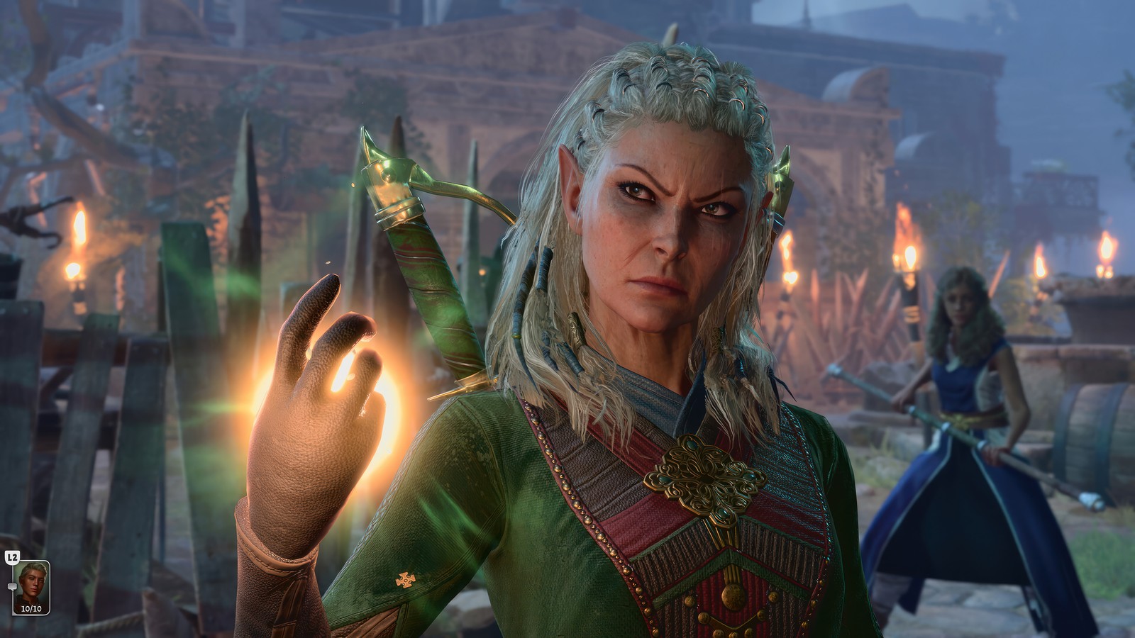 A woman in a green dress holding a glowing hand (baldurs gate iii, video game, baldurs gate 3, elf)