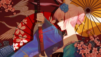 Yae Sakura im Kimono mit Katana vor einem floralen Hintergrund