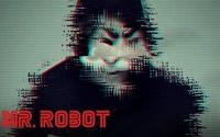 Affiche d'art glitch pour "Mr. Robot" mettant en vedette un personnage mystérieux avec un masque