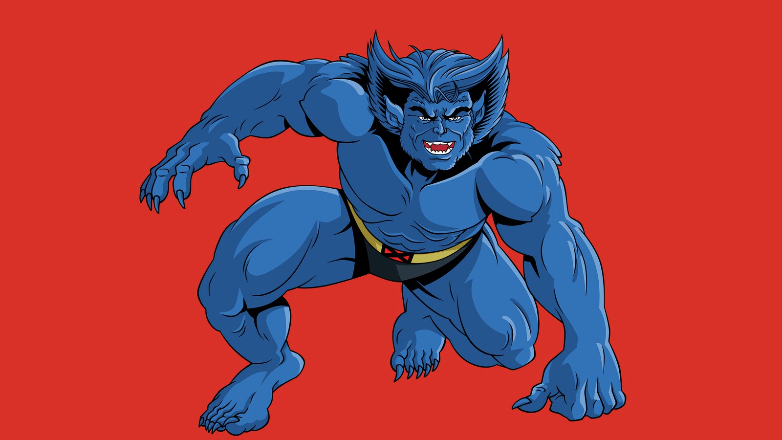 Ein cartoon von einem werwolf, der mit den händen an den hüften läuft (bestie, x men 97, fernsehserie, marvel, zeichentrick)