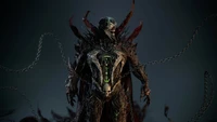 Dark and powerful figure of Spawn, adorned in a menacing, intricate costume, exuding a sinister energy with chains and a skull accent.