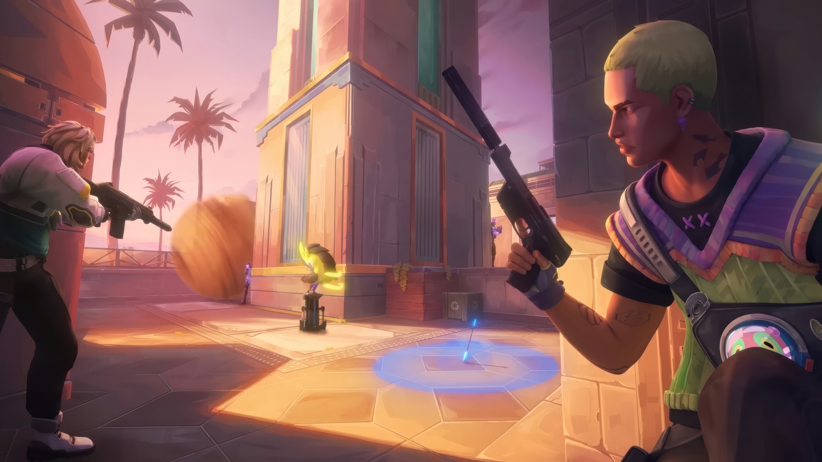 A screenshot of a man holding a gun in a street (valorant, video game, sunset, map, gekko)