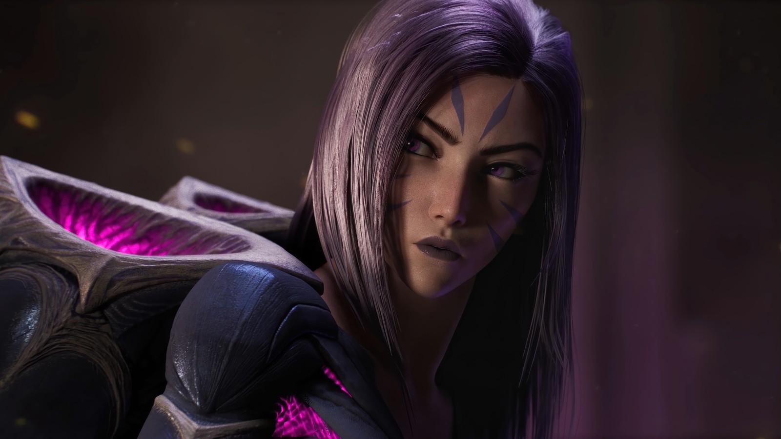 Una mujer con cabello púrpura y un atuendo púrpura en una habitación oscura (kaisa, lol, videojuego, league of legends, temporada 2020)