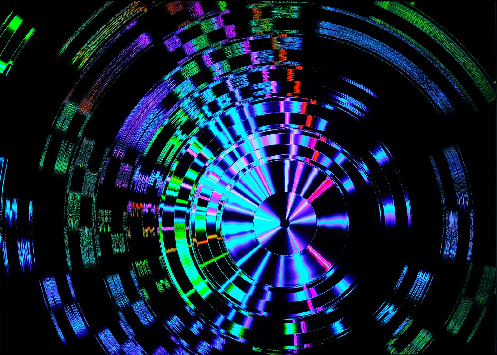 A close up of a circular object with a black background (circle, colorfulness, wheel, light, lighting)