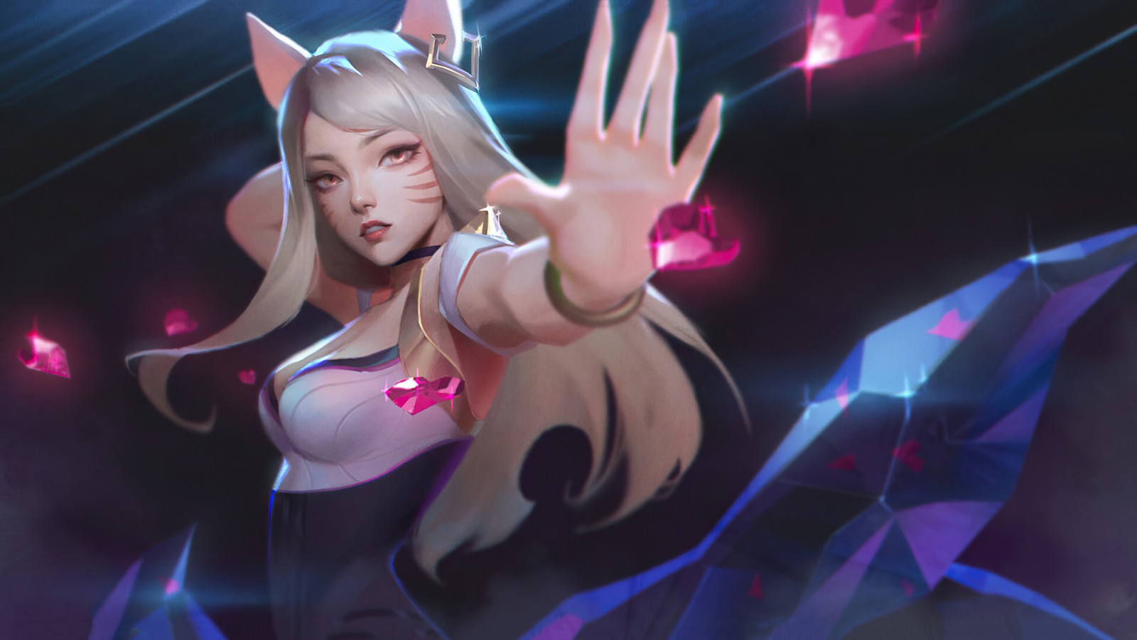 Женщина в розовом платье с рогами (ахри, ahri, kda, lol, league of legends)