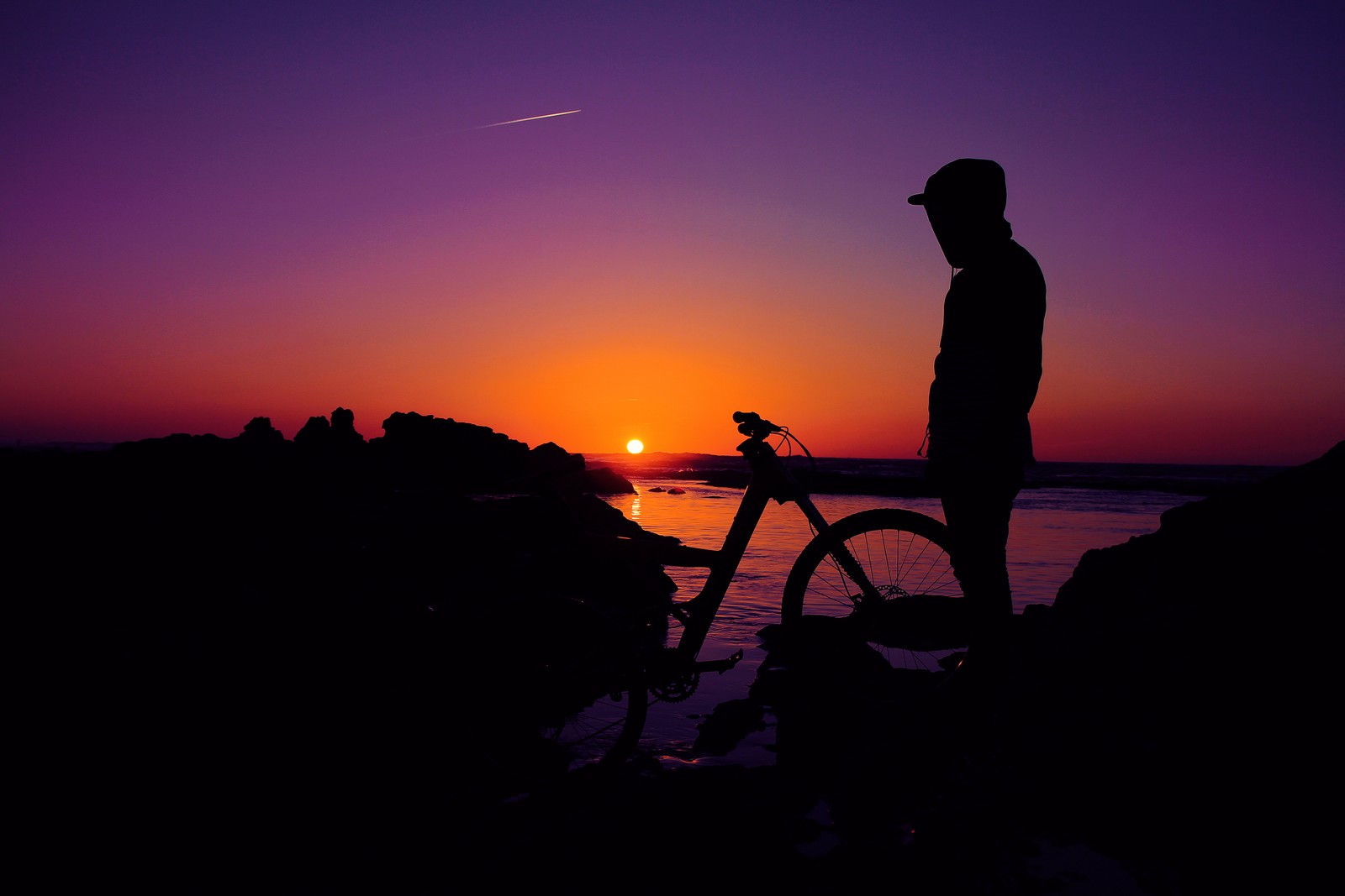 Una jirafa de pie junto a una bicicleta en una playa rocosa (atardecer, silueta, hombre, sudadera con capucha, noche)