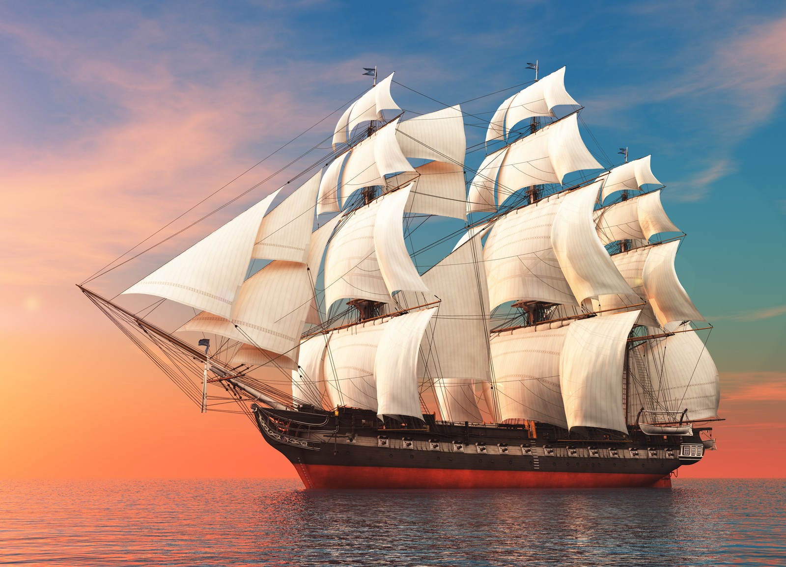 A close up of a large sail boat in the ocean (sailing ship, ship, boat, tall ship, barquentine)