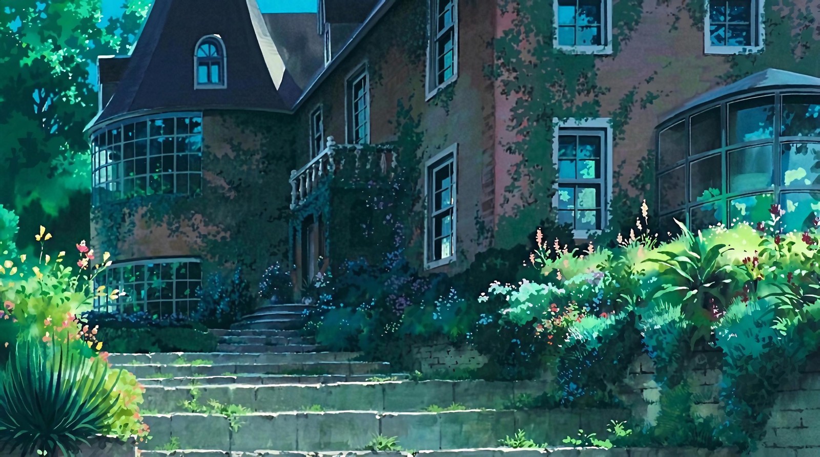 Anime - style painting of a house with a garden and steps leading up to it (plant, window, green, building, vegetation)