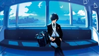 Makoto Yuki dans un voyage en train dans Persona 3 Reload