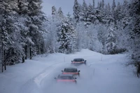 Porsche Taycan conduisant à travers un sentier forestier enneigé