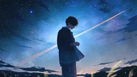 Chico anime solitario bajo un cielo estrellado