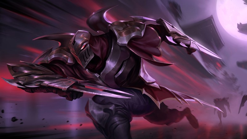 Крупный план человека, держащего меч в темной комнате (zed, lol, league of legends, legends of runeterra, видеоигра)