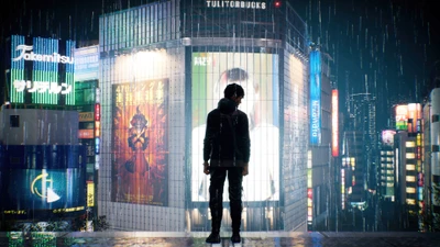 A lone figure stands in the rain-soaked streets of a neon-lit Tokyo, surrounded by vibrant advertisements and an eerie atmosphere, capturing the essence of "Ghostwire: Tokyo.