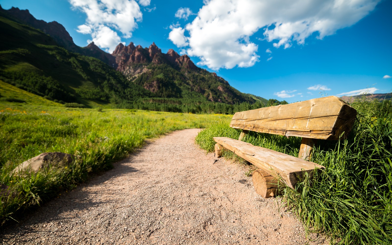 Скачать обои скамейка в парке, марун беллс, maroon bells, колорадо, colorado