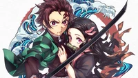 Tanjiro y Nezuko Kamado en una pose dinámica, mostrando su vínculo y determinación, con un fondo de olas estilizadas.