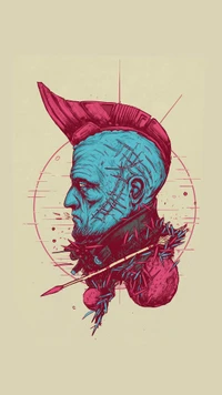 Stylized illustration of a blue-skinned character with a mohawk, surrounded by abstract elements and sharp lines, conveying a sense of strength and intensity.