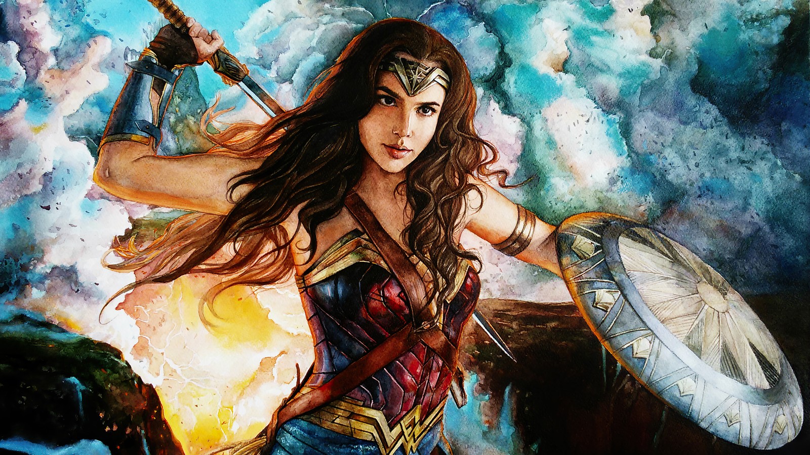 Une peinture d'une femme en costume tenant une épée (wonder woman, épée, bouclier, gal gadot, dc comics)