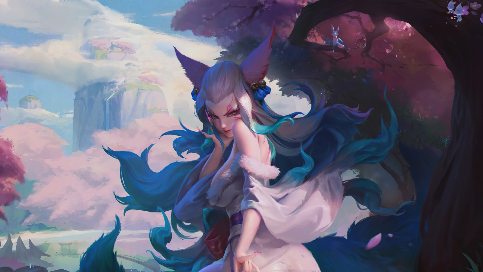 Una mujer con cabello largo y orejas de gato sentada en un árbol (flor espiritual, ahri, lol, league of legends, videojuego)