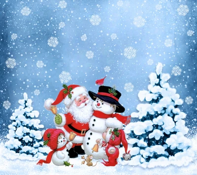 noël, joyeux, père noël, flocons de neige, bonhomme de neige