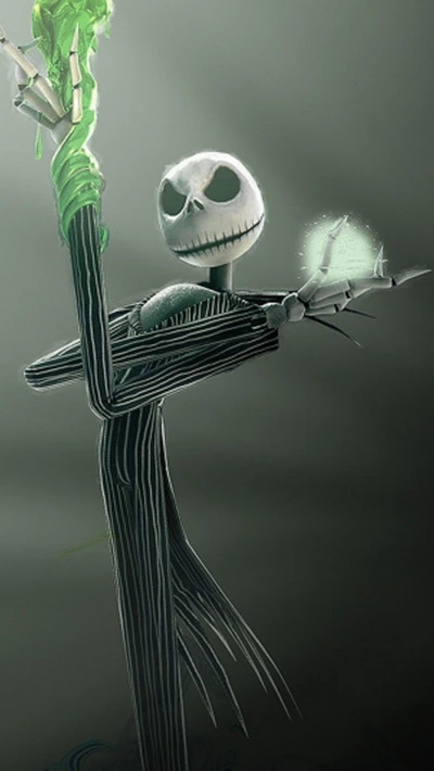 Jack Skellington, el Rey Calabaza, que irradia un encanto inquietante con un bastón brillante en una atmósfera sombría.