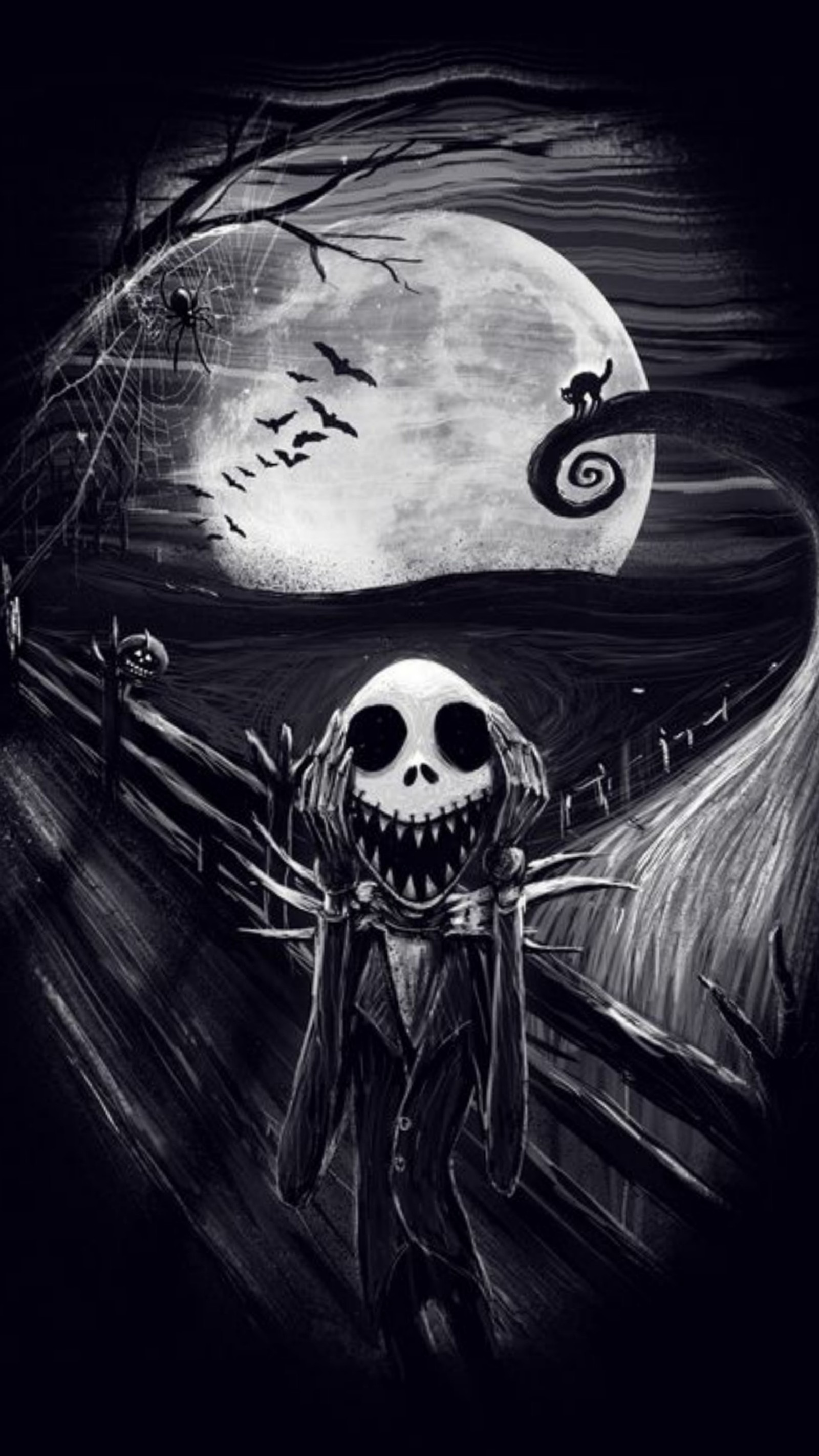 Eine zeichnung von jack skellington, der vor einem vollmond steht (halloween, halloween jack, jack skellington, schrei, skellington)