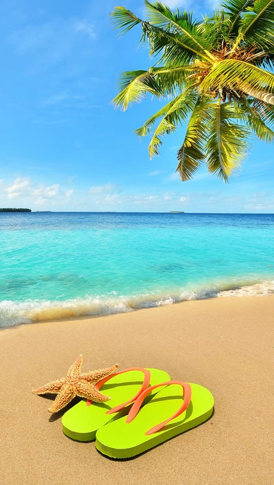 Journée d'été relaxante à la plage avec des palmiers et des tongs