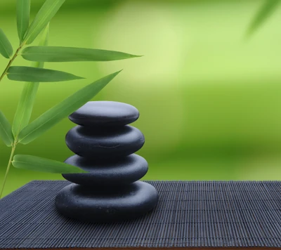 Zen Garden with Stacked Black Stones and Bamboo Leaves