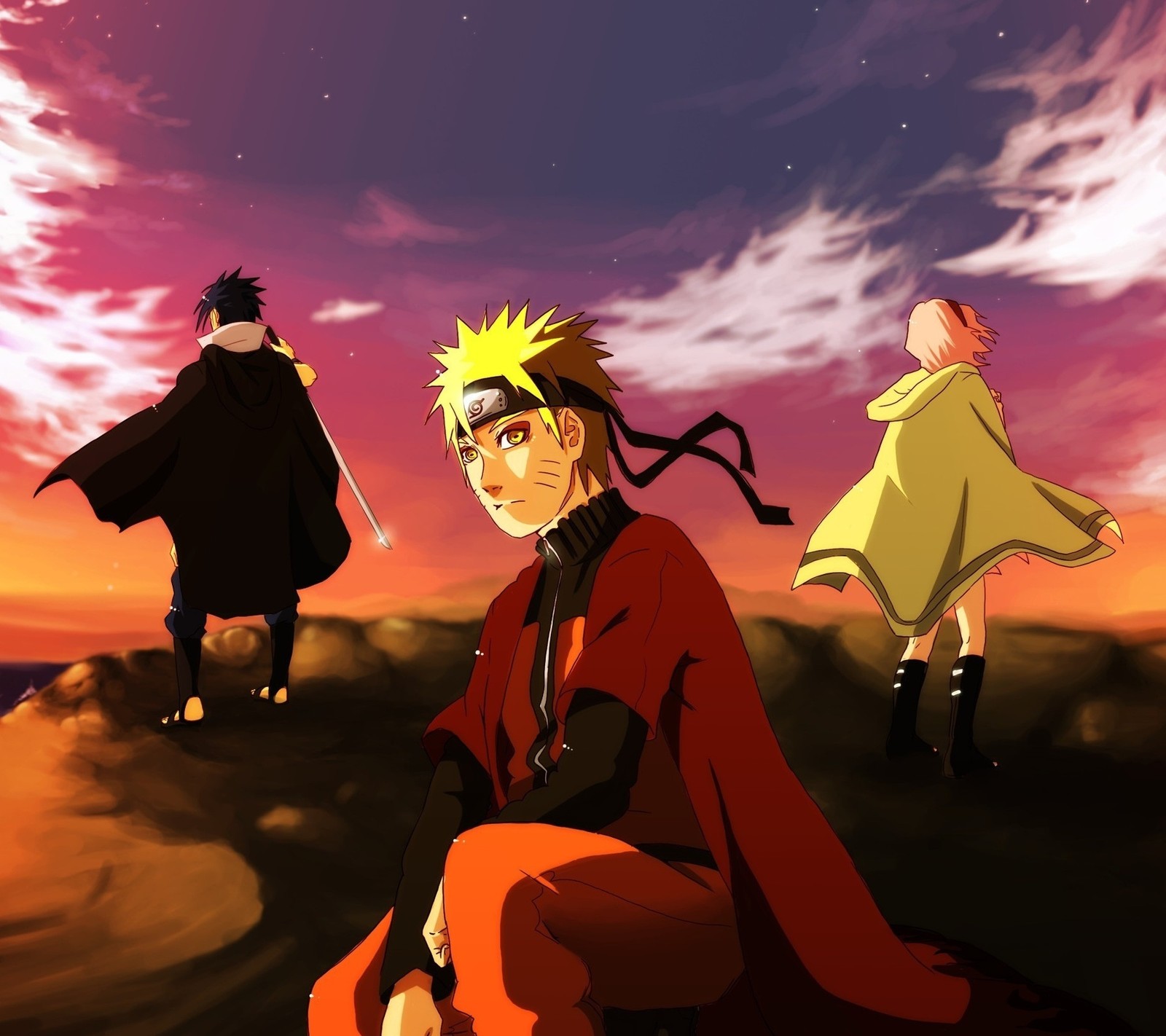 Anime characters in a desert area with a sunset in the background (android, anime, art, naruto, new)