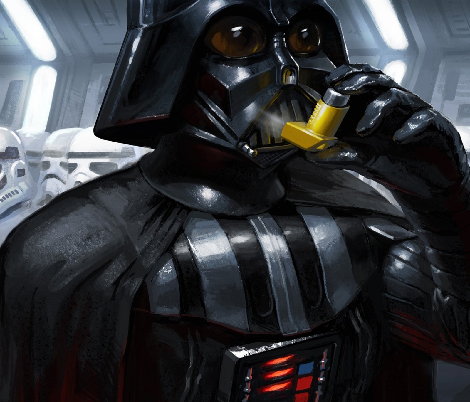 Darth vader bebendo uma bebida em um quarto com tema de star wars (darth vader, star wars)