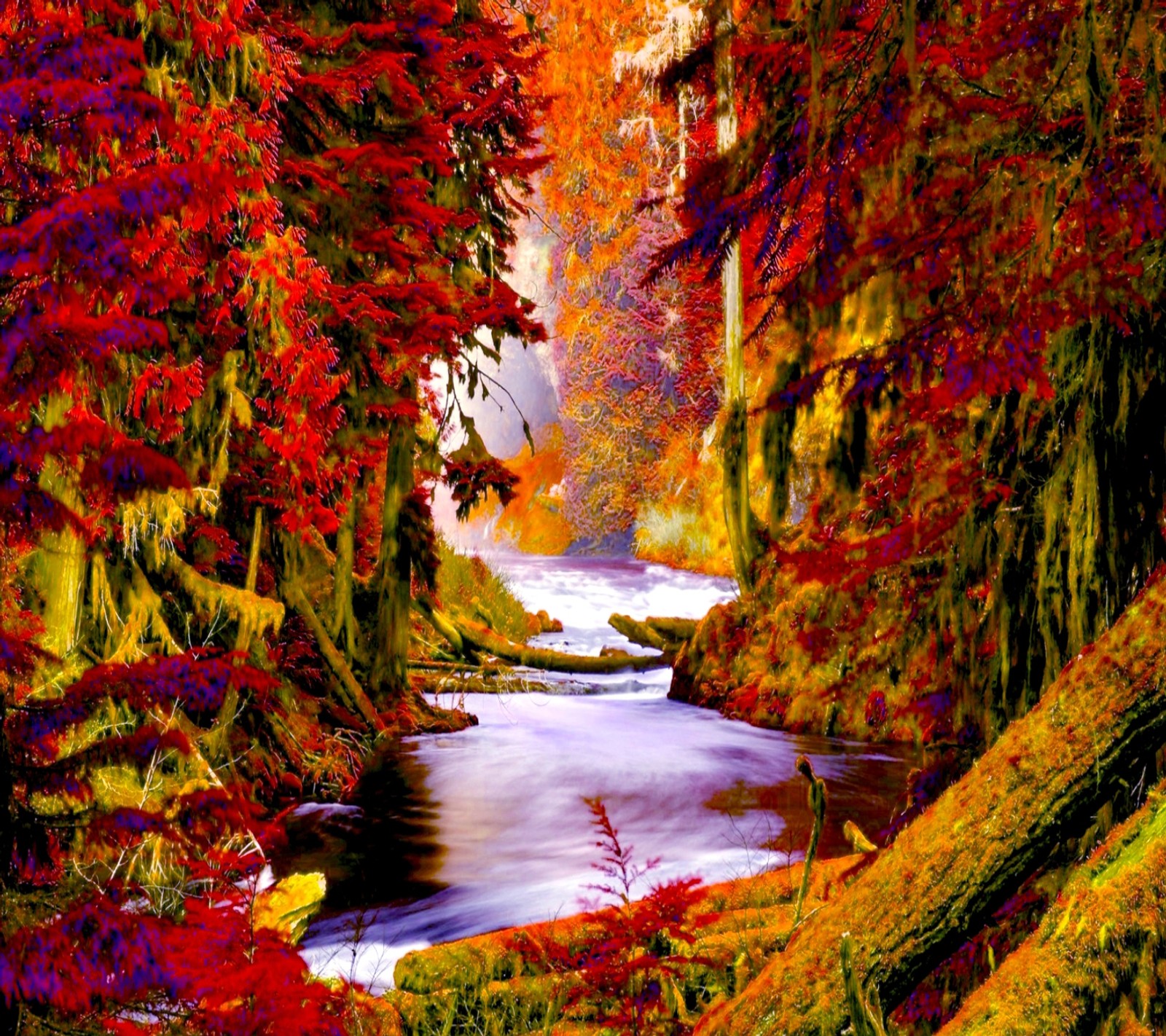 A painting of a river running through a lush green forest (autumn, wallpaper)