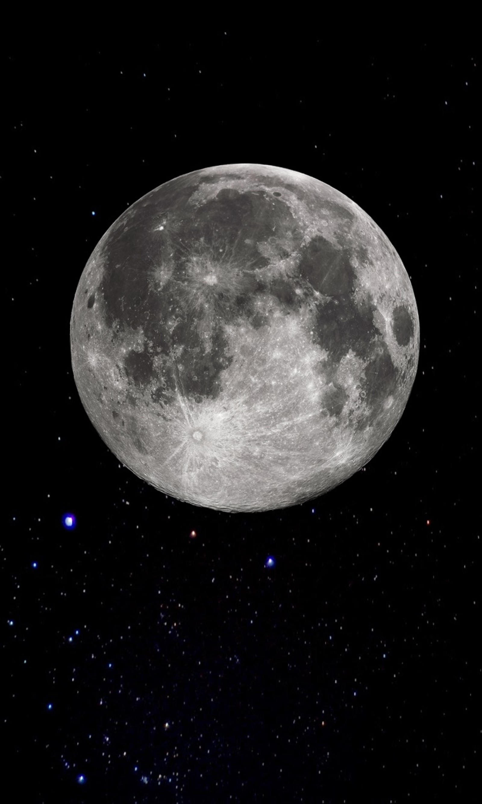 Image aérienne d'une pleine lune avec une étoile bleue en arrière-plan (lune, satellite, ciel, espace)