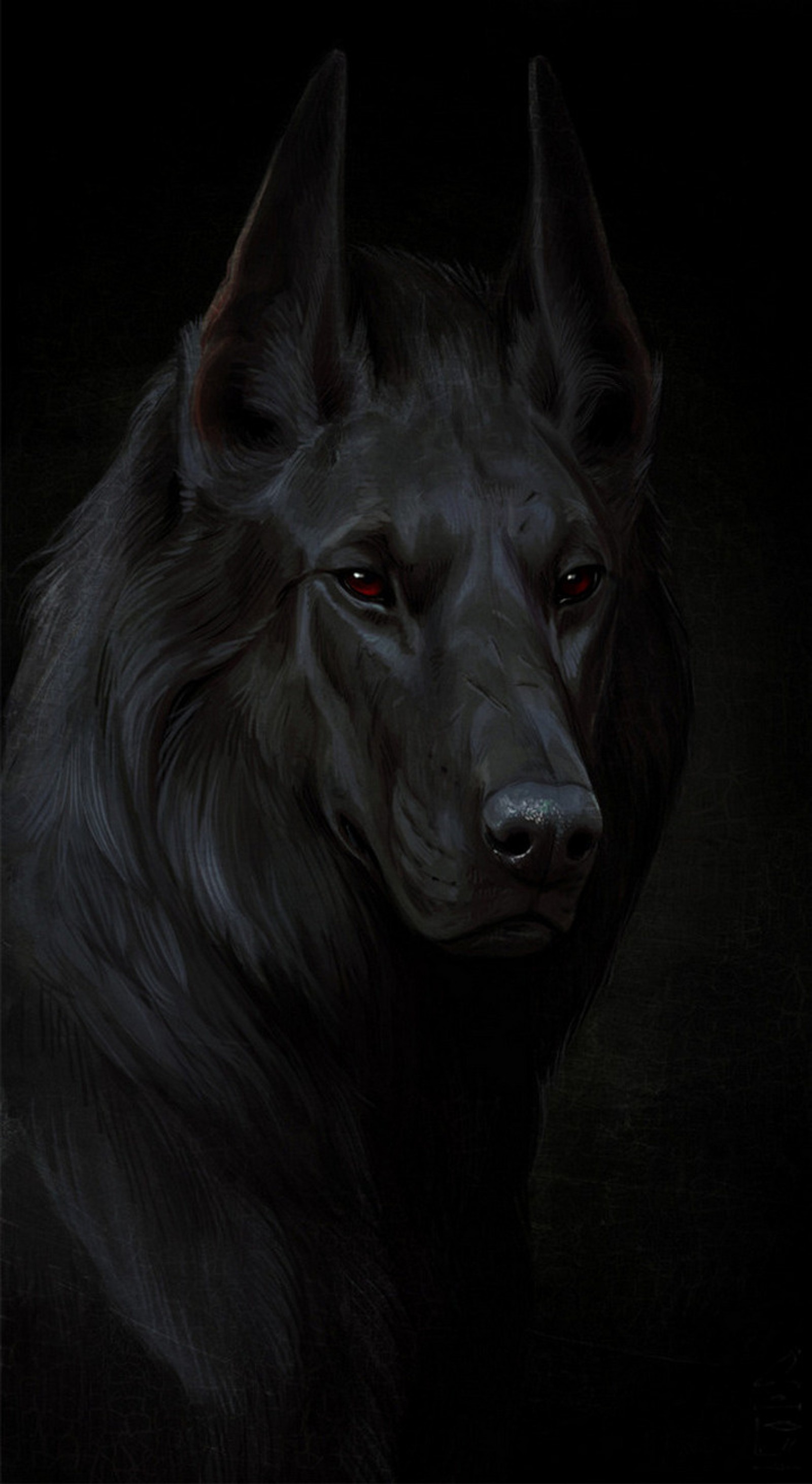 Una pintura de un lobo con ojos rojos en la oscuridad (arte, negro, oscuro, perro, perros)