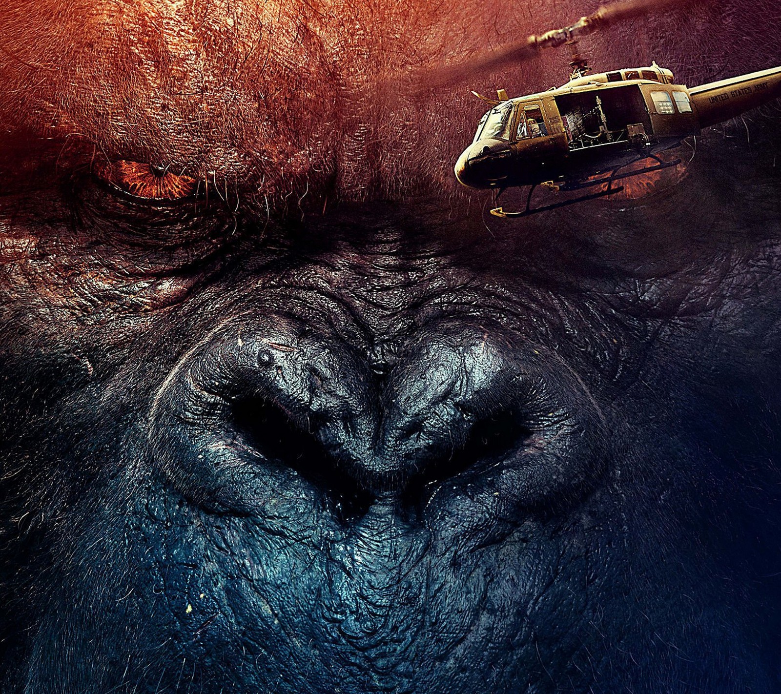 A close up of a gorilla with a helicopter flying over it (awesome, cool, film, island, kong)