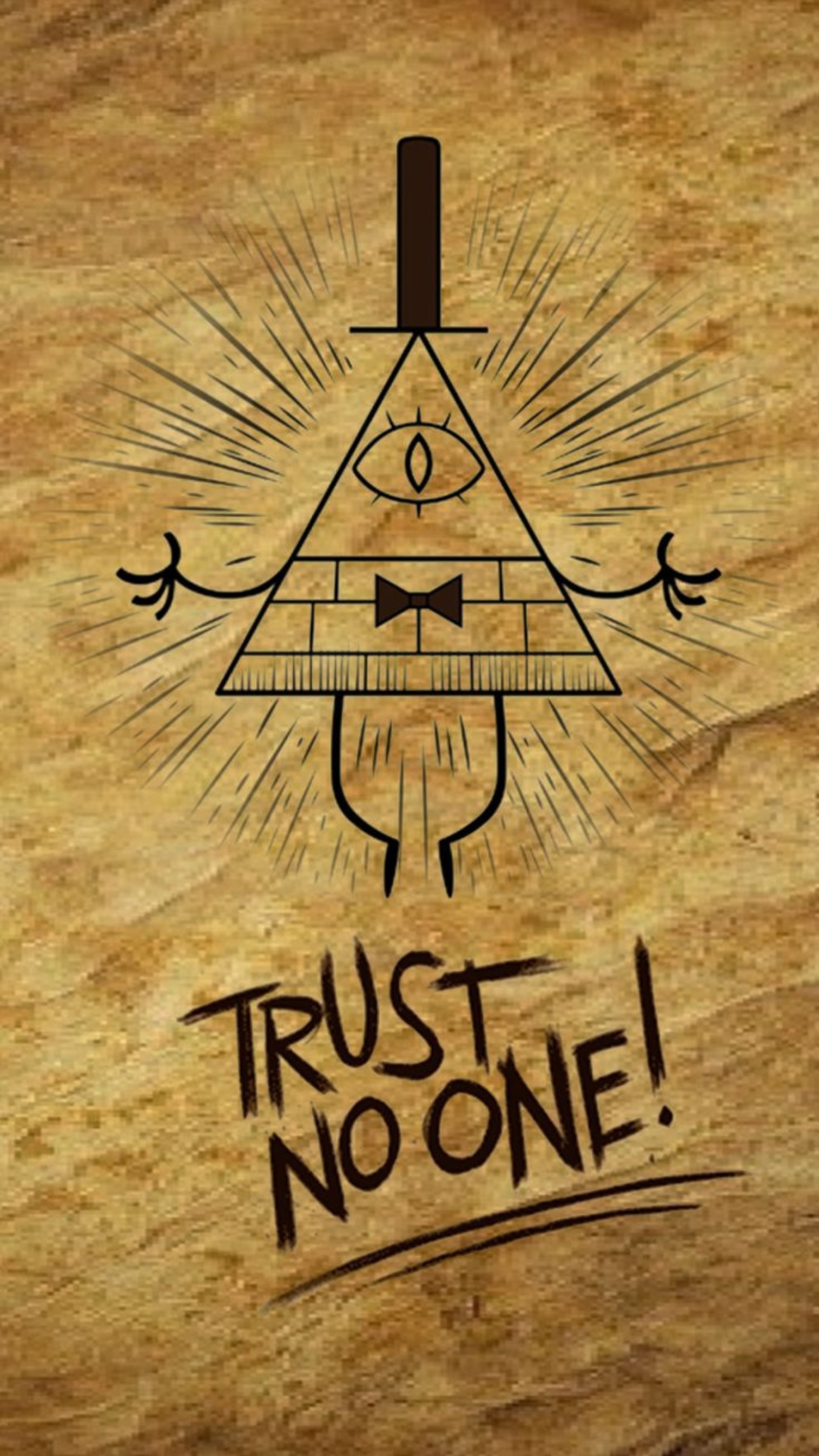 Un primer plano de un cartel de madera con un dibujo de una pirámide (bill, bill cipher, cifrado, cucharón, dipper pines)