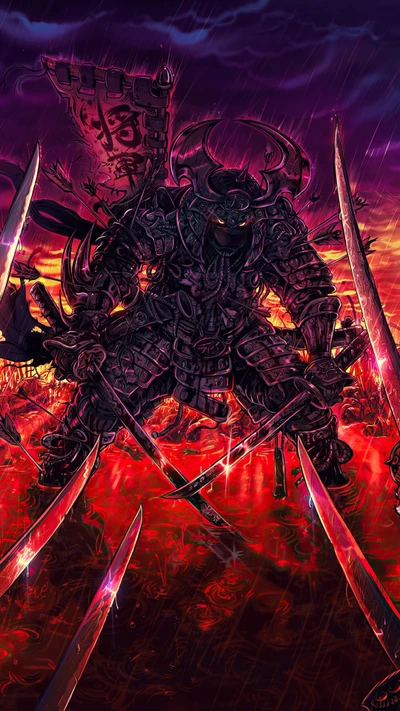 Epic Samurai Warrior Surrounded by a Fiery Battlefield