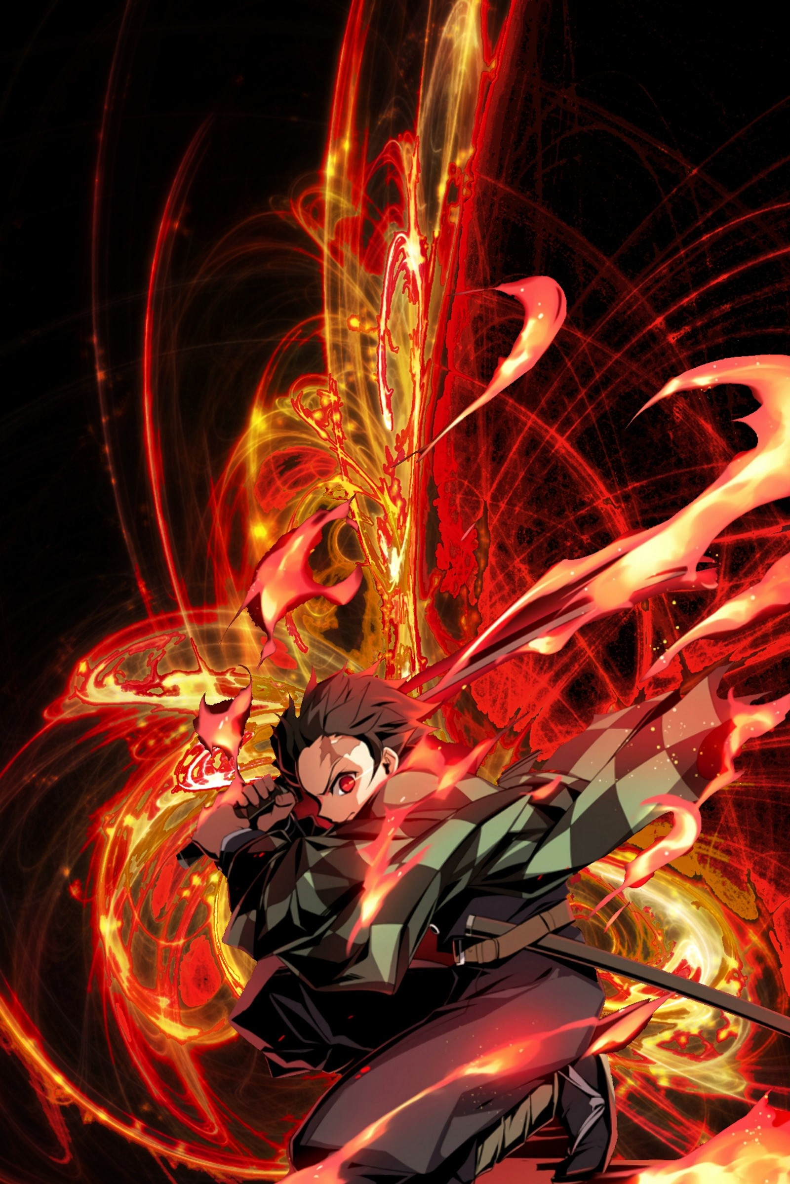 Anime-charakter mit einem schwert und feuer im hintergrund (demon slayer, tanjiro)