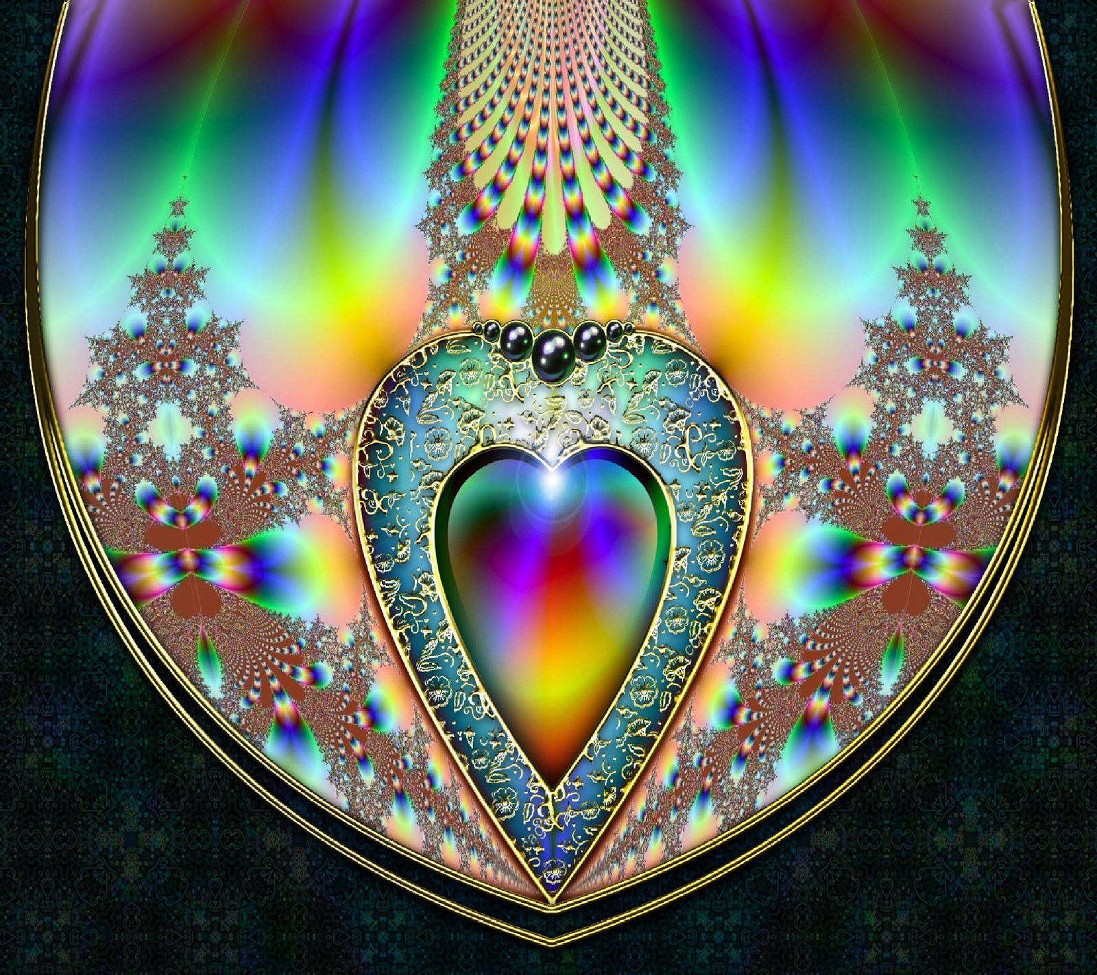 A close up of a heart shaped object with a rainbow background (abstract, colors, heart, pearl)