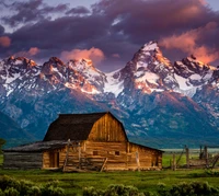 barn, mountain, nature, rustic, sunset wallpaper