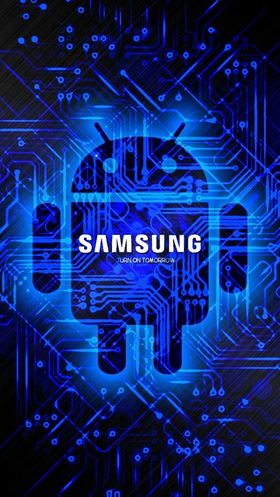 Samsung Android-Logo auf blauem Schaltkreis-Hintergrund