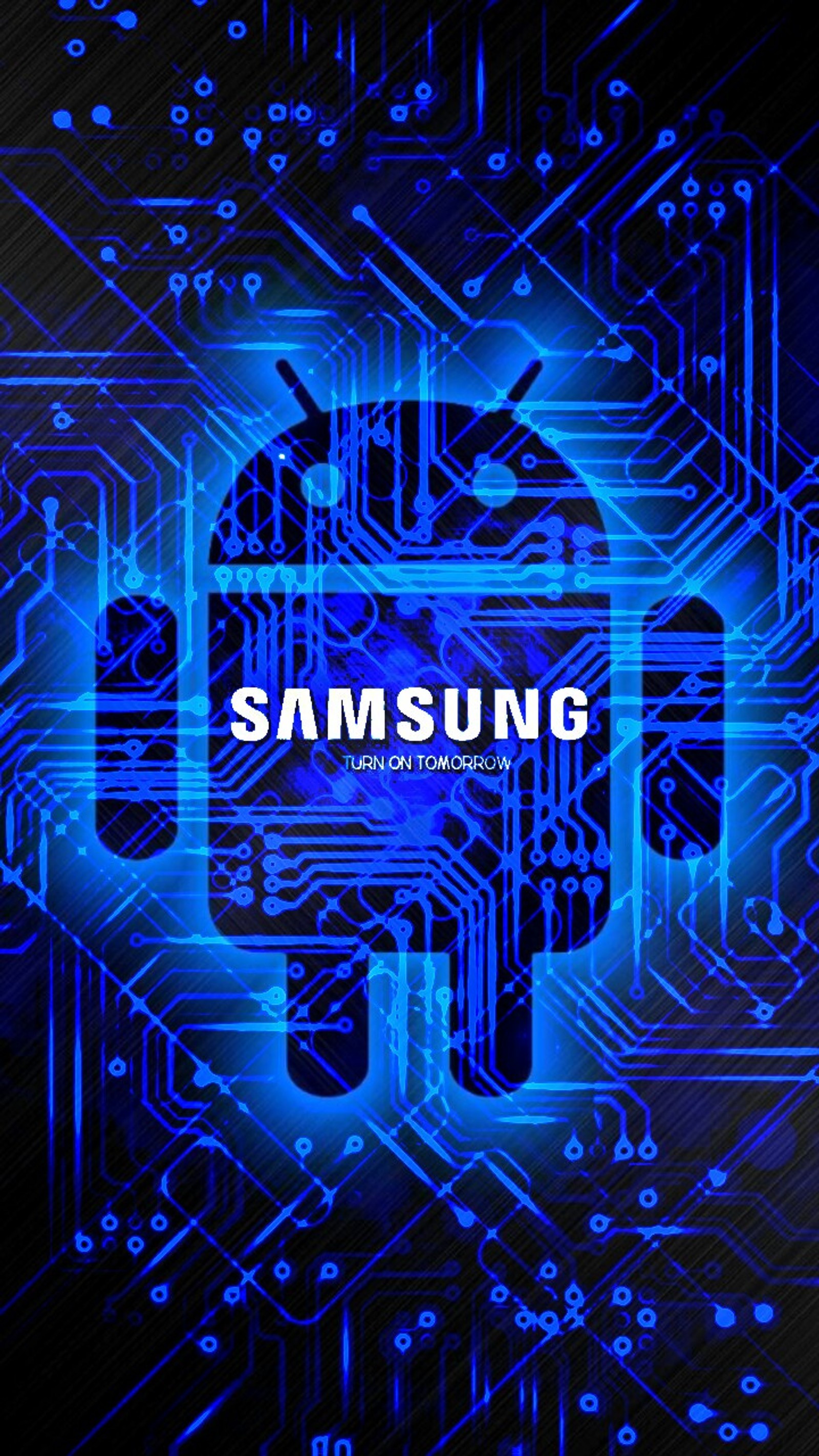 Un logo samsung bleu sur une carte de circuit imprimé avec un circuit (samsung, android, bleu)